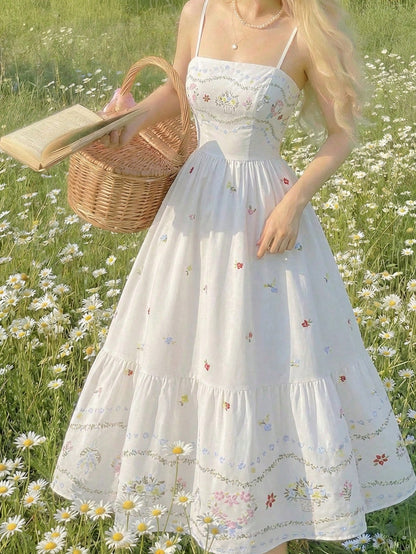 Skyraze Women's Elegant Modest Matching White Floral Print Summer Maxi Dress, Ruffle Hem Wildflower Garden Party Vacation Picnic Outfit, Wedding Guest Dress