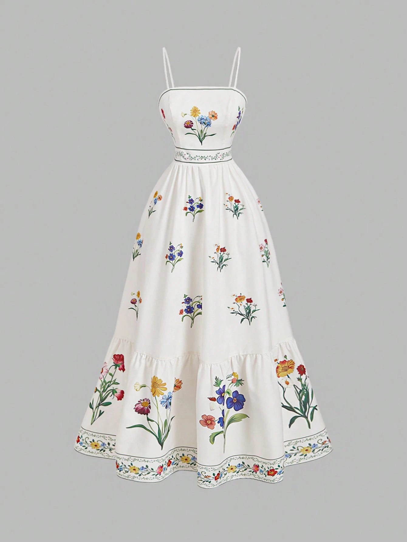 Skyraze Women's Elegant Modest Matching White Floral Print Summer Maxi Dress, Ruffle Hem Wildflower Garden Party Vacation Picnic Outfit, Wedding Guest Dress