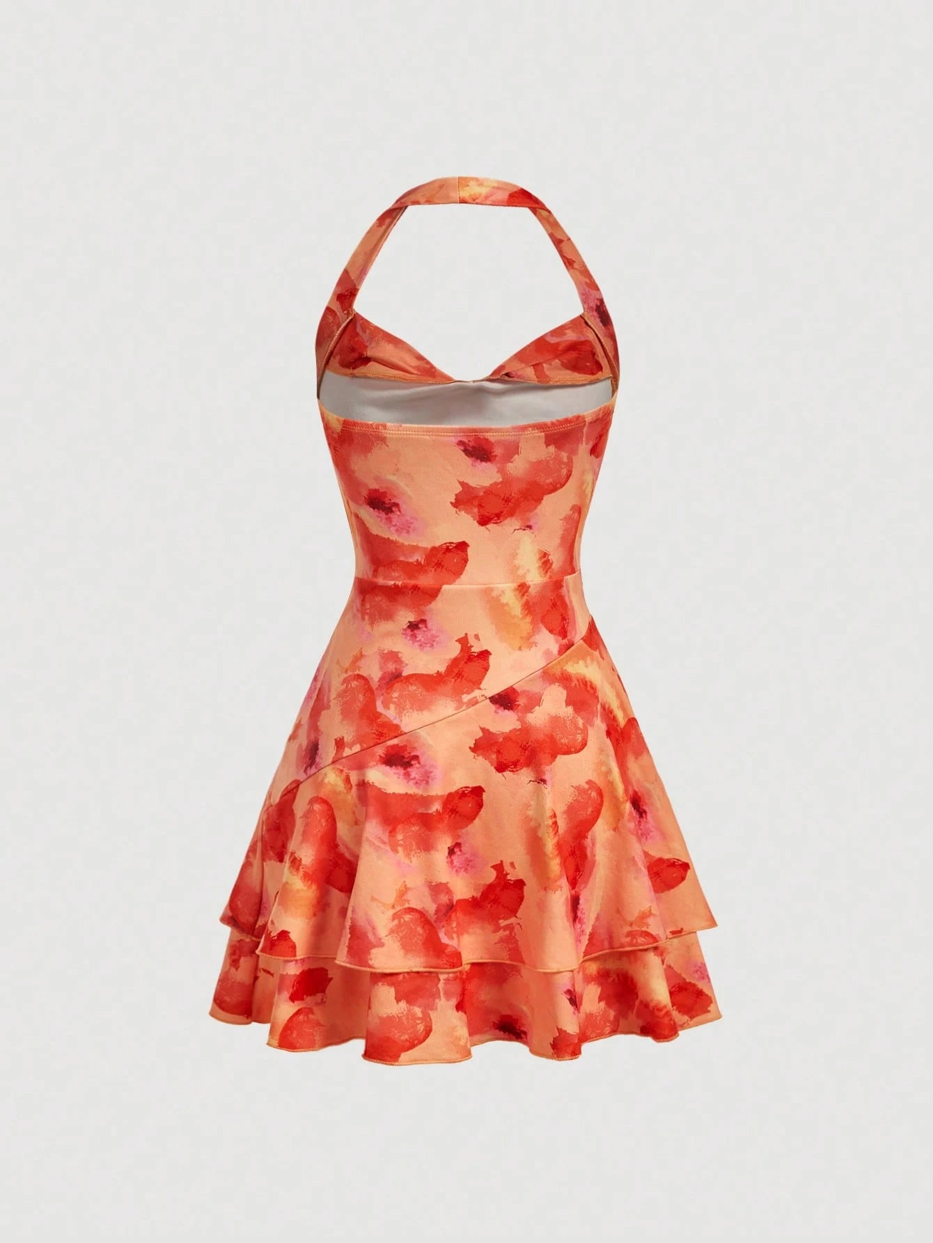 Skyraze Women's Orange Red Vibrant Floral Print Halter Mini Dress,Summer Girly Backless Ruffles Elegant Holiday Vacation Retro Resort Casual Dinner Dresses