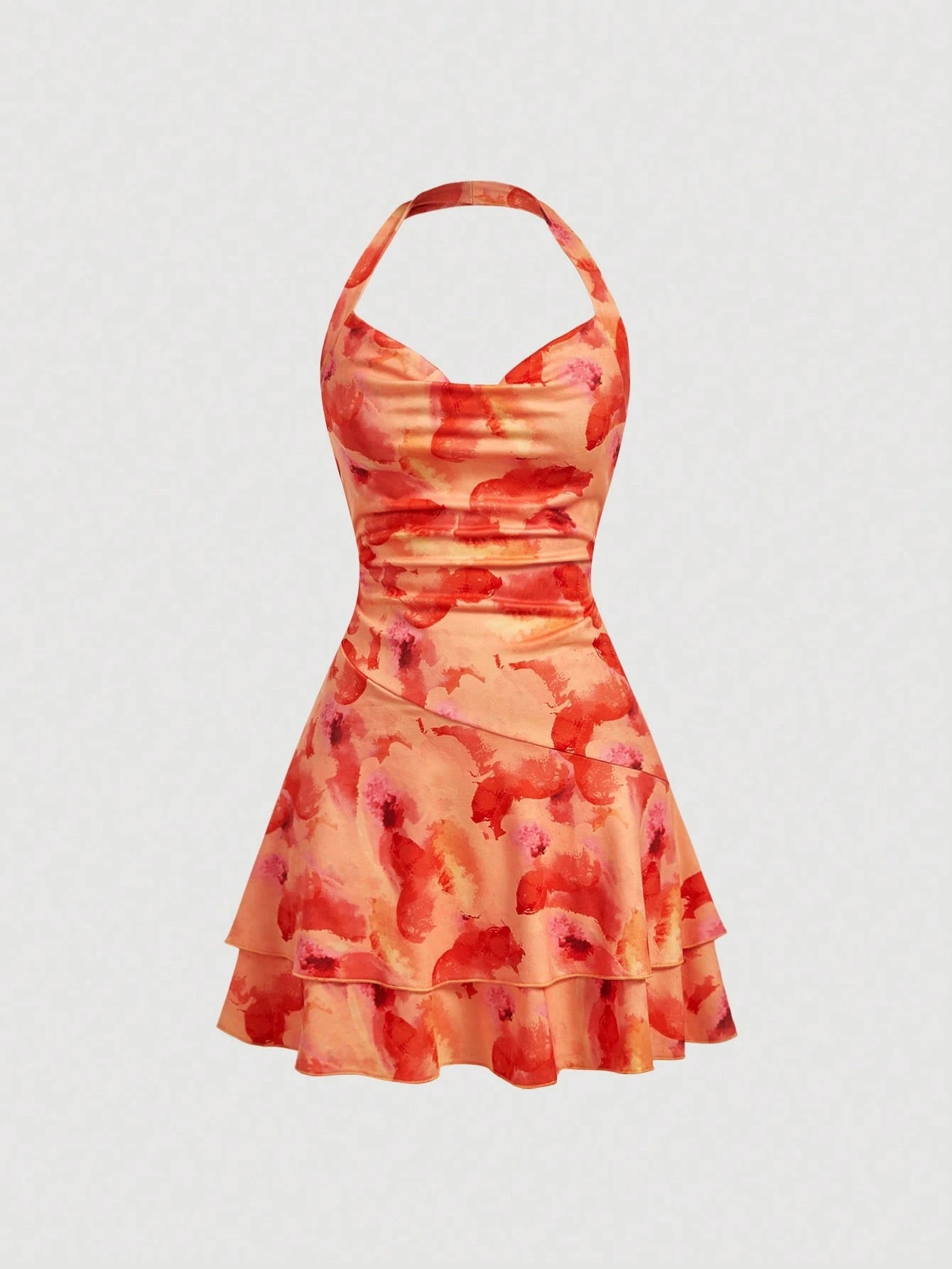 Skyraze Women's Orange Red Vibrant Floral Print Halter Mini Dress,Summer Girly Backless Ruffles Elegant Holiday Vacation Retro Resort Casual Dinner Dresses