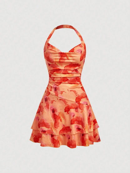 Skyraze Women's Orange Red Vibrant Floral Print Halter Mini Dress,Summer Girly Backless Ruffles Elegant Holiday Vacation Retro Resort Casual Dinner Dresses