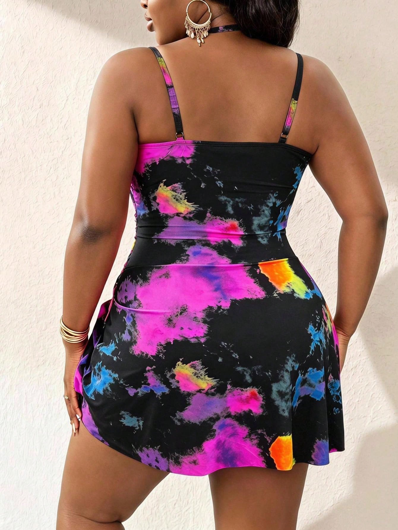 Slaydiva 2026 New Plus Size Women's Tie-Dye Print Deep V Neck Spaghetti Strap Dress Swimsuit, Beach Vacation Beachwear, Summer Holiday Outfit, Party Wear, Elegant Women's Beach Swimsuit, Women's Vacat