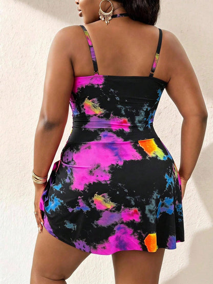 Slaydiva 2026 New Plus Size Women's Tie-Dye Print Deep V Neck Spaghetti Strap Dress Swimsuit, Beach Vacation Beachwear, Summer Holiday Outfit, Party Wear, Elegant Women's Beach Swimsuit, Women's Vacat