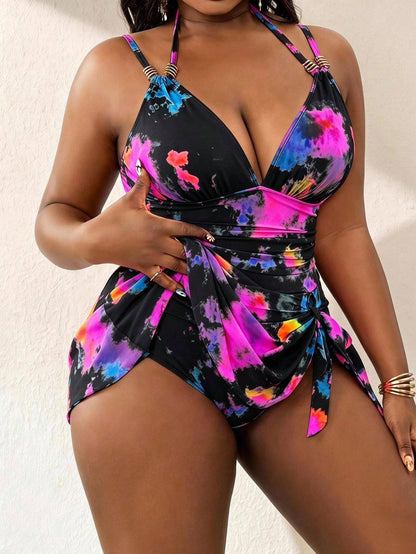 Slaydiva 2026 New Plus Size Women's Tie-Dye Print Deep V Neck Spaghetti Strap Dress Swimsuit, Beach Vacation Beachwear, Summer Holiday Outfit, Party Wear, Elegant Women's Beach Swimsuit, Women's Vacat