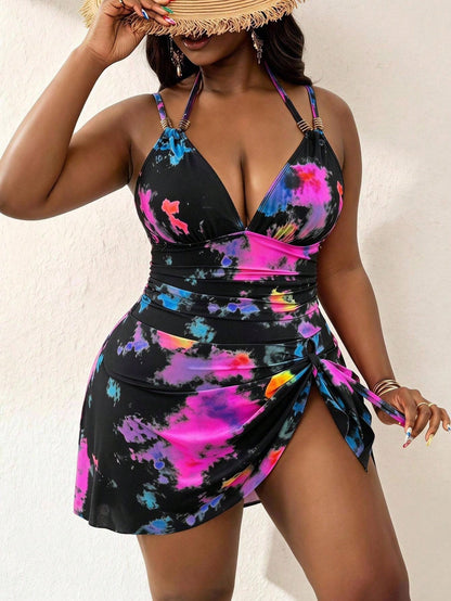 Slaydiva 2026 New Plus Size Women's Tie-Dye Print Deep V Neck Spaghetti Strap Dress Swimsuit, Beach Vacation Beachwear, Summer Holiday Outfit, Party Wear, Elegant Women's Beach Swimsuit, Women's Vacat