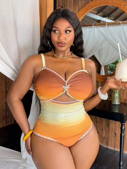 Slaydiva 2026 Spring New Plus Size Women's Hollow Design Starfish Accent One-Piece High Waist Ruched Swimsuit