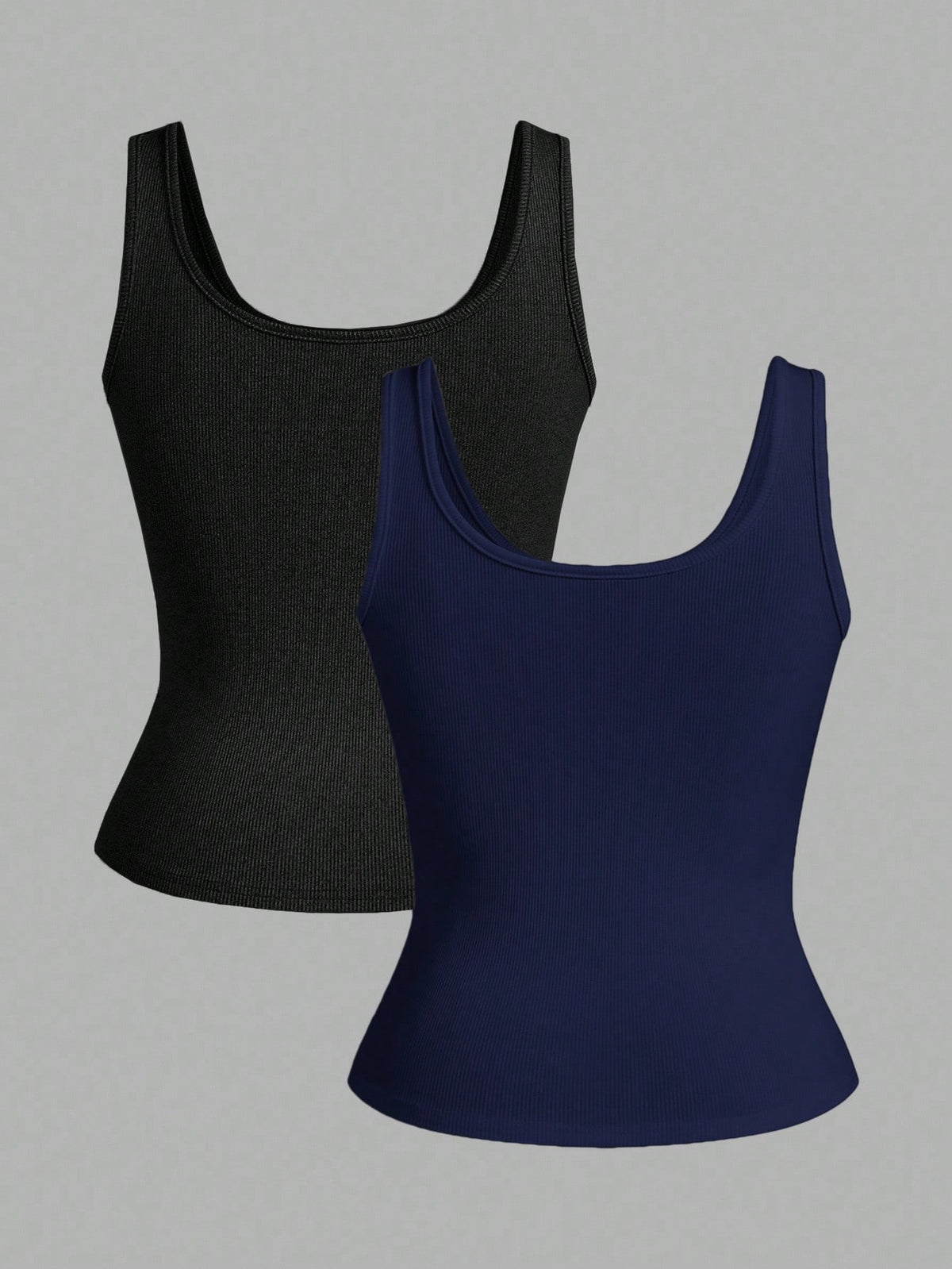 Slaydiva 2pcs/Pack Black + White Casual Basic Racerback Narrow Ribbed Tank Top For Women, Deep U-Neck