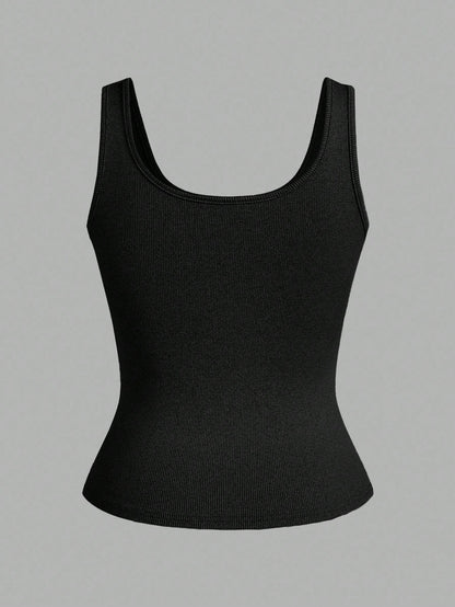 Slaydiva 2pcs/Pack Black + White Casual Basic Racerback Narrow Ribbed Tank Top For Women, Deep U-Neck