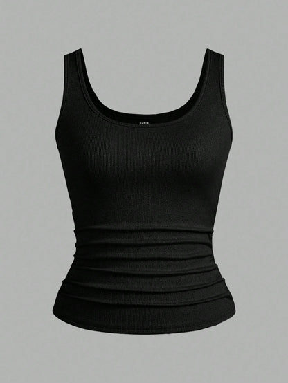 Slaydiva 2pcs/Pack Black + White Casual Basic Racerback Narrow Ribbed Tank Top For Women, Deep U-Neck