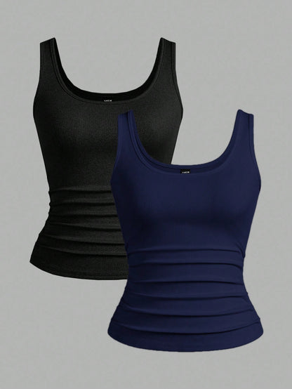 Slaydiva 2pcs/Pack Black + White Casual Basic Racerback Narrow Ribbed Tank Top For Women, Deep U-Neck