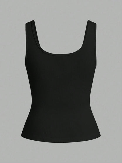 Slaydiva Casual All-Match Black Tank Top With Deep U-Neck And Racerback-C