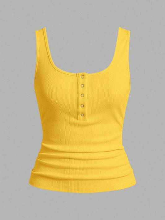 Slaydiva Casual All-Match White Cami Top With Deep U-Neck And Racerback, Yellow