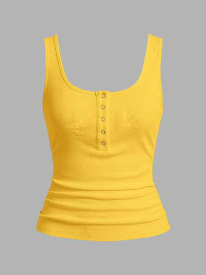 Slaydiva Casual All-Match White Cami Top With Deep U-Neck And Racerback, Yellow