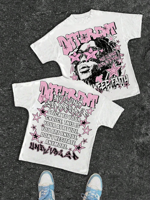Slaydiva Casual Minimalist Round Neck Short Sleeve Loose T-Shirt For Women, Suitable For Street, Hip Hop Portrait Print, Suitable For Black Hip Hop