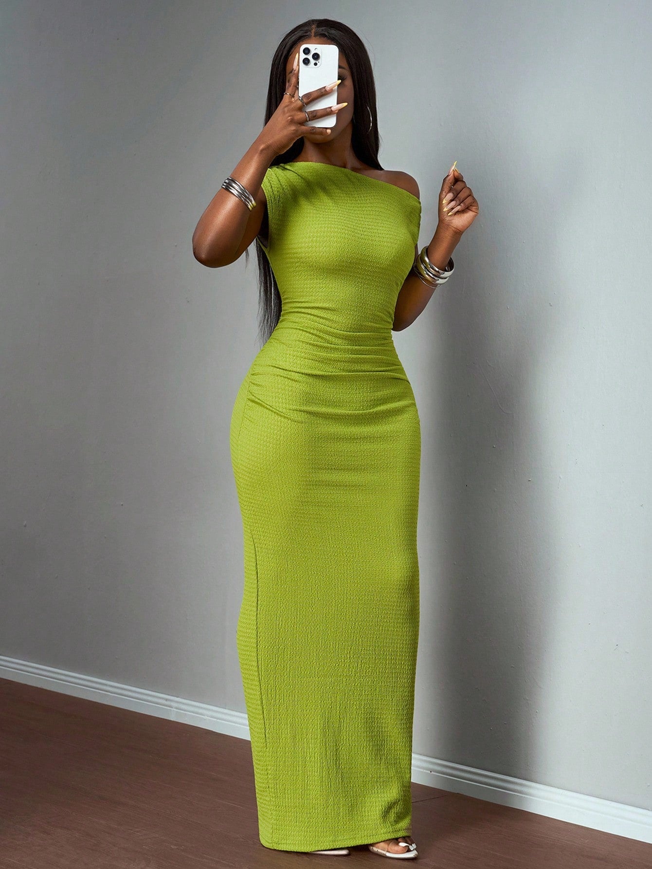 Slaydiva Elegant Sexy Lime Green Summer One-Shoulder Bodycon Maxi Dress For Women,Vertical Stripe Texture Sleeveless Long Dress For Brunch,Party Holiday