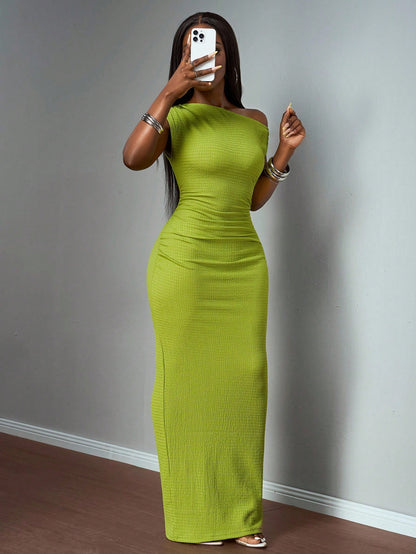Slaydiva Elegant Sexy Lime Green Summer One-Shoulder Bodycon Maxi Dress For Women,Vertical Stripe Texture Sleeveless Long Dress For Brunch,Party Holiday