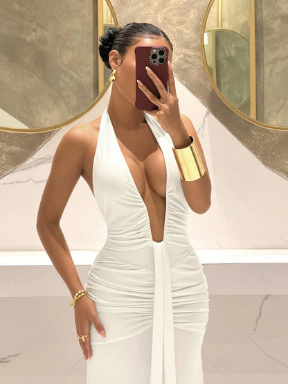 Slaydiva Elegant White Deep V-Neck Mermaid Dress For Women,70s Style Summer Spring Dress,Suitable For Party,Night Out,Birthday,Bar,Nightclub & Valentine's Day