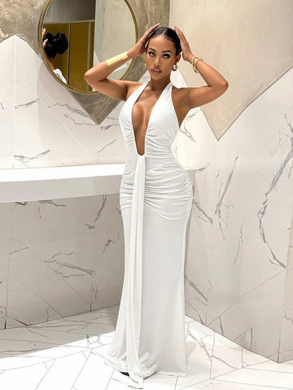 Slaydiva Elegant White Deep V-Neck Mermaid Dress For Women,70s Style Summer Spring Dress,Suitable For Party,Night Out,Birthday,Bar,Nightclub & Valentine's Day