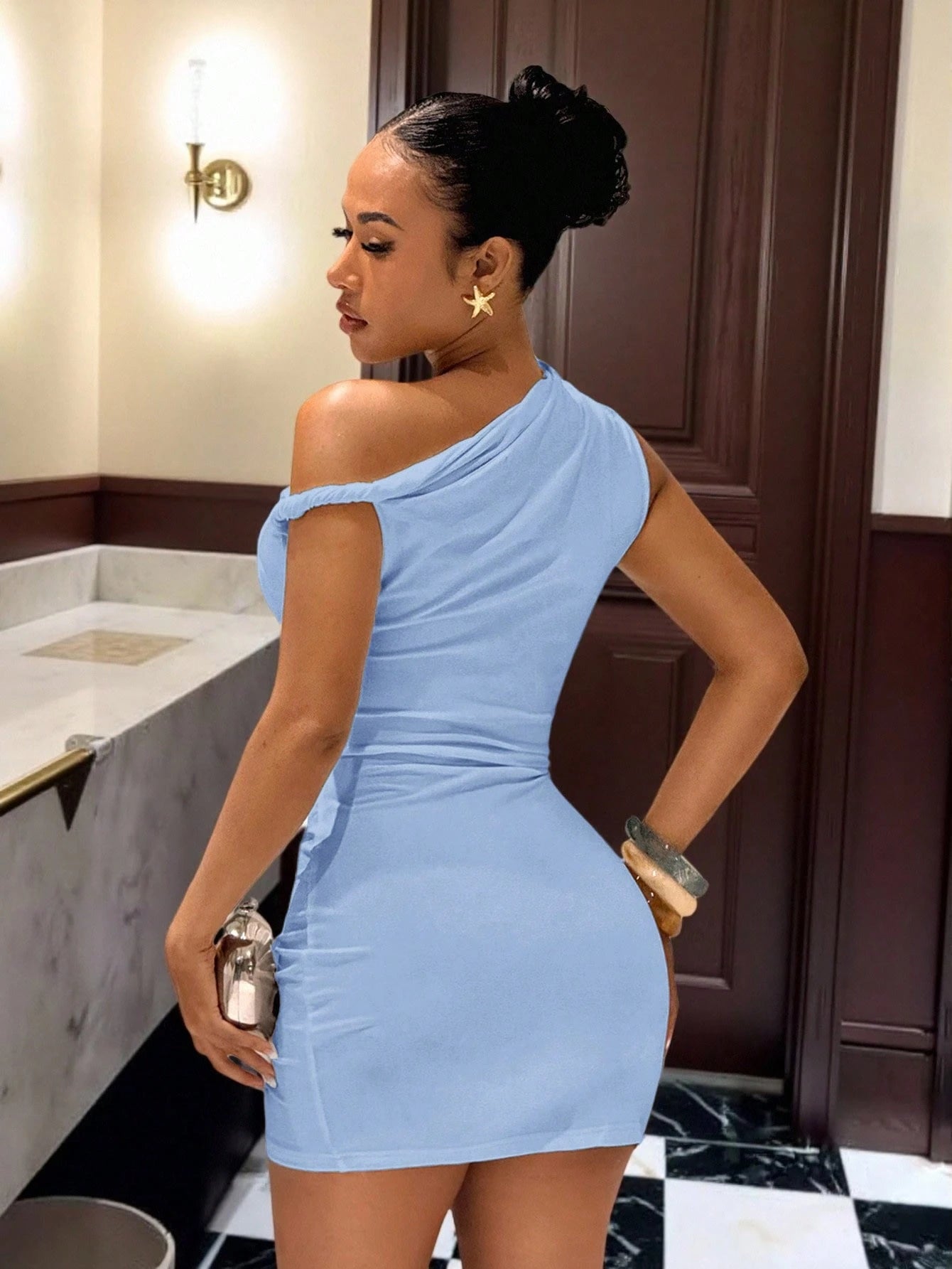 Slaydiva Light Blue,Summer,Chic,Party Night Elegant One-Shoulder Off-Shoulder Slim Fit Mini Dress,Metallic Embellishments Gathered Twisted Summer Dresses