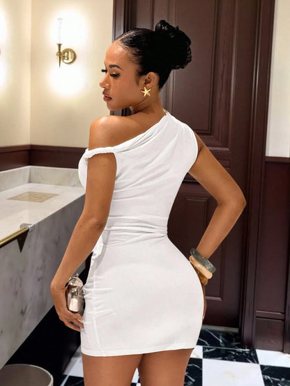 Slaydiva Light Blue,Summer,Chic,Party Night Elegant One-Shoulder Off-Shoulder Slim Fit Mini Dress,Metallic Embellishments Gathered Twisted Summer Dresses