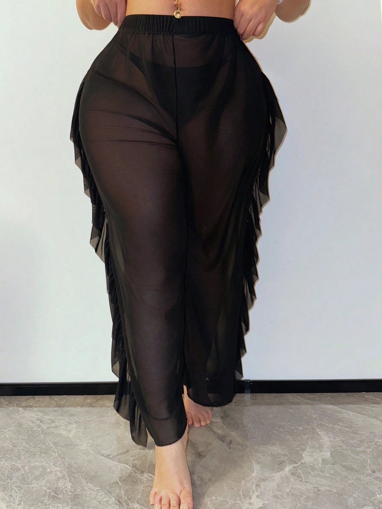Slaydiva Plus Size Black Sheer Mesh Ruffle Trim Side Slit Wide Leg Cover Up Pants, See-Through Swim Bottoms For Summer Beach Vacation Holiday Pool Party