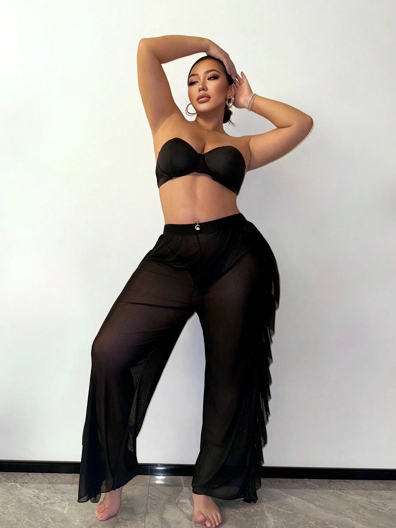 Slaydiva Plus Size Black Sheer Mesh Ruffle Trim Side Slit Wide Leg Cover Up Pants, See-Through Swim Bottoms For Summer Beach Vacation Holiday Pool Party