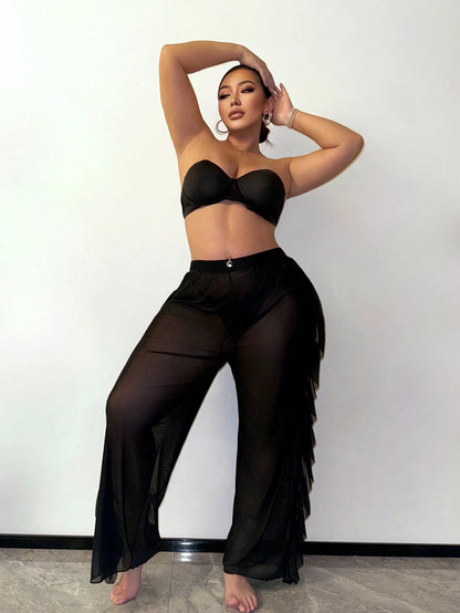 Slaydiva Plus Size Black Sheer Mesh Ruffle Trim Side Slit Wide Leg Cover Up Pants, See-Through Swim Bottoms For Summer Beach Vacation Holiday Pool Party