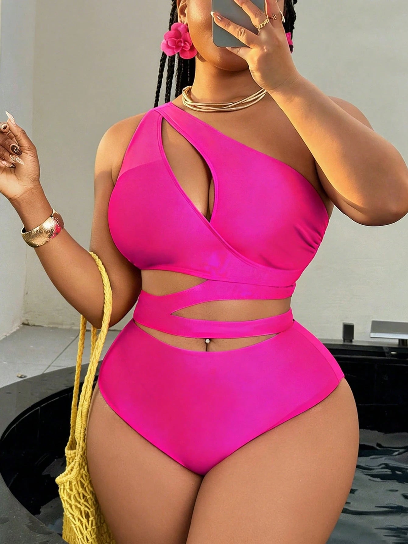 Slaydiva Plus Size Women 2pcs Set Fuchsia Hollow Out One Shoulder Top With High Waist Bikini Bottom, Suitable For Beach Holiday
