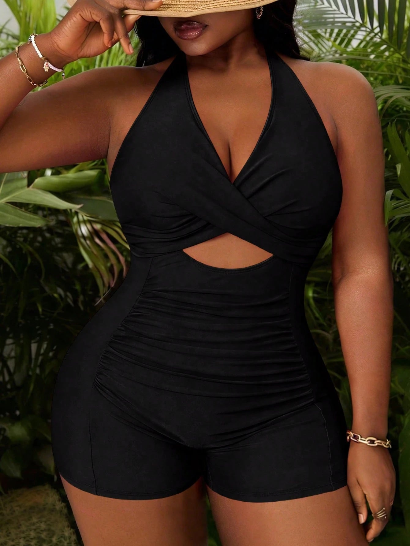 Slaydiva Plus Size Women's Fuchsia Deep V Neck Hollow Out Ruched One-Piece Swimsuit, Beach Holiday