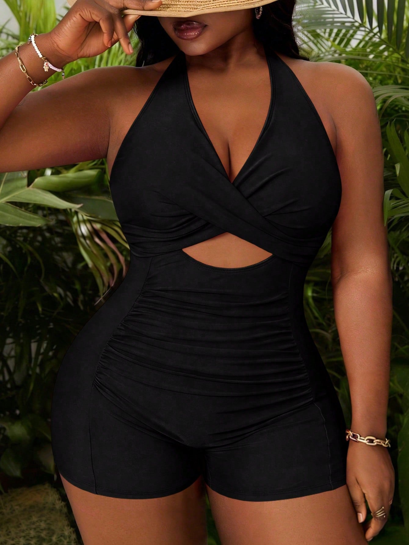 Slaydiva Plus Size Women's Fuchsia Deep V Neck Hollow Out Ruched One-Piece Swimsuit, Beach Holiday