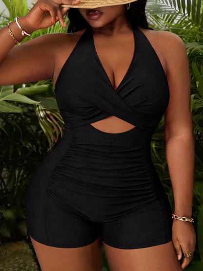 Slaydiva Plus Size Women's Fuchsia Deep V Neck Hollow Out Ruched One-Piece Swimsuit, Beach Holiday