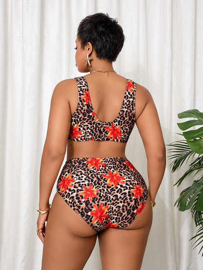 Slaydiva Plus Size Women's Leopard & Floral Print Halter Swimwear Set, Suitable For Beach Vacation, Spring/Summer