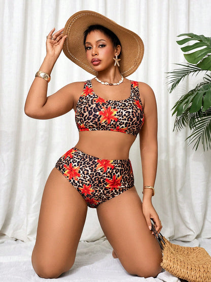 Slaydiva Plus Size Women's Leopard & Floral Print Halter Swimwear Set, Suitable For Beach Vacation, Spring/Summer