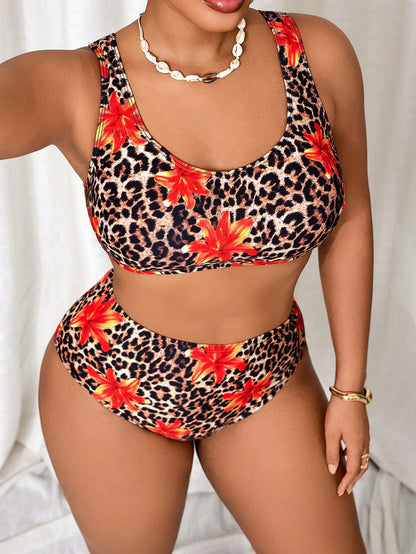 Slaydiva Plus Size Women's Leopard & Floral Print Halter Swimwear Set, Suitable For Beach Vacation, Spring/Summer