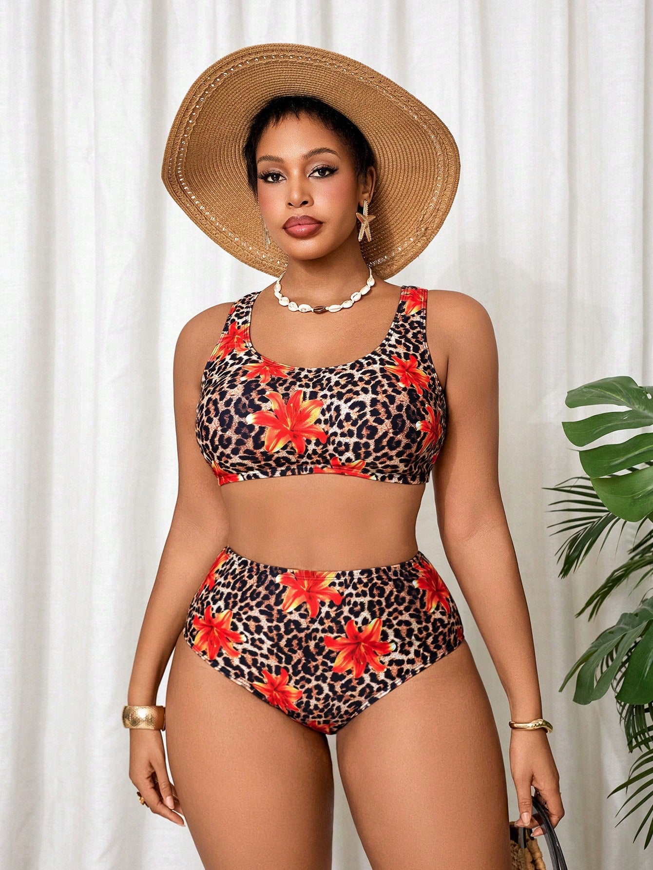Slaydiva Plus Size Women's Leopard & Floral Print Halter Swimwear Set, Suitable For Beach Vacation, Spring/Summer