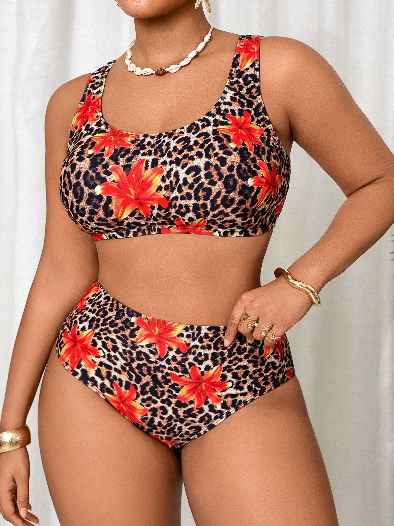 Slaydiva Plus Size Women's Leopard & Floral Print Halter Swimwear Set, Suitable For Beach Vacation, Spring/Summer