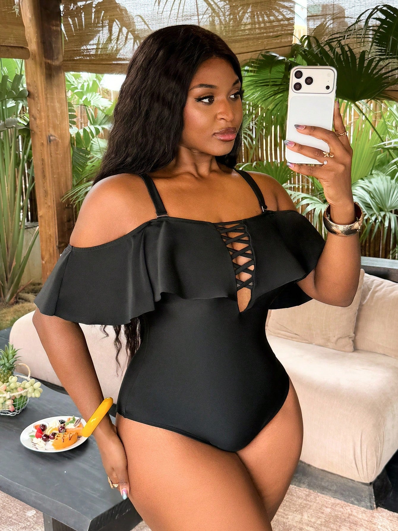 Slaydiva Plus Size Women's One-Piece Ruffle Off-Shoulder Swimsuit For Beach Vacation Summer Sexy