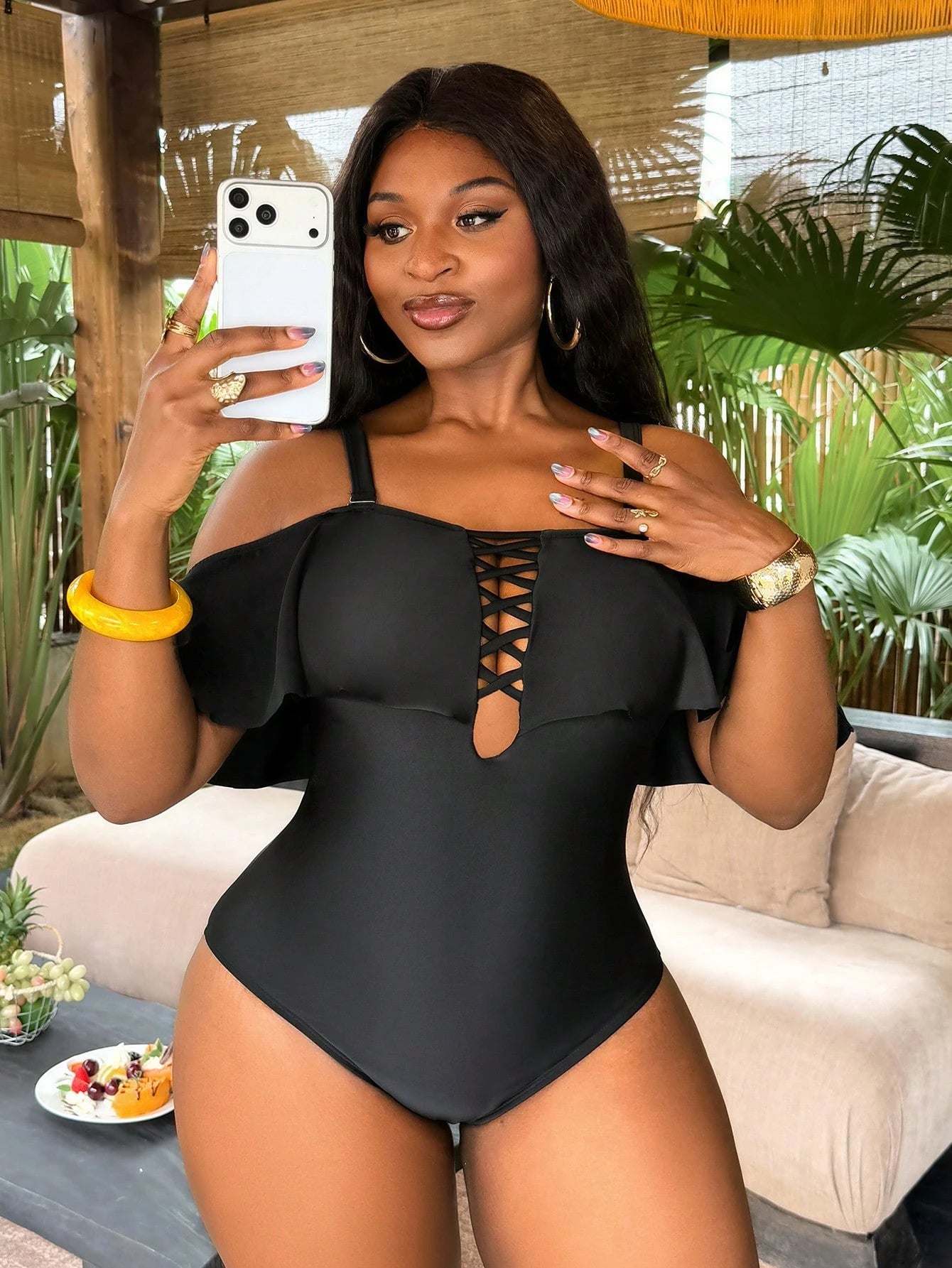 Slaydiva Plus Size Women's One-Piece Ruffle Off-Shoulder Swimsuit For Beach Vacation Summer Sexy