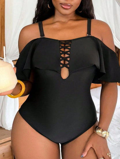 Slaydiva Plus Size Women's One-Piece Ruffle Off-Shoulder Swimsuit For Beach Vacation Summer Sexy
