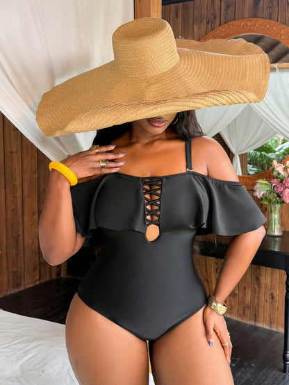 Slaydiva Plus Size Women's One-Piece Ruffle Off-Shoulder Swimsuit For Beach Vacation Summer Sexy
