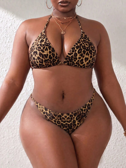 Slaydiva Plus Size Women's Summer Beach Vacation Leopard Print Halter Bikini Set With Cover-Up Top And Cover-Up Skirt