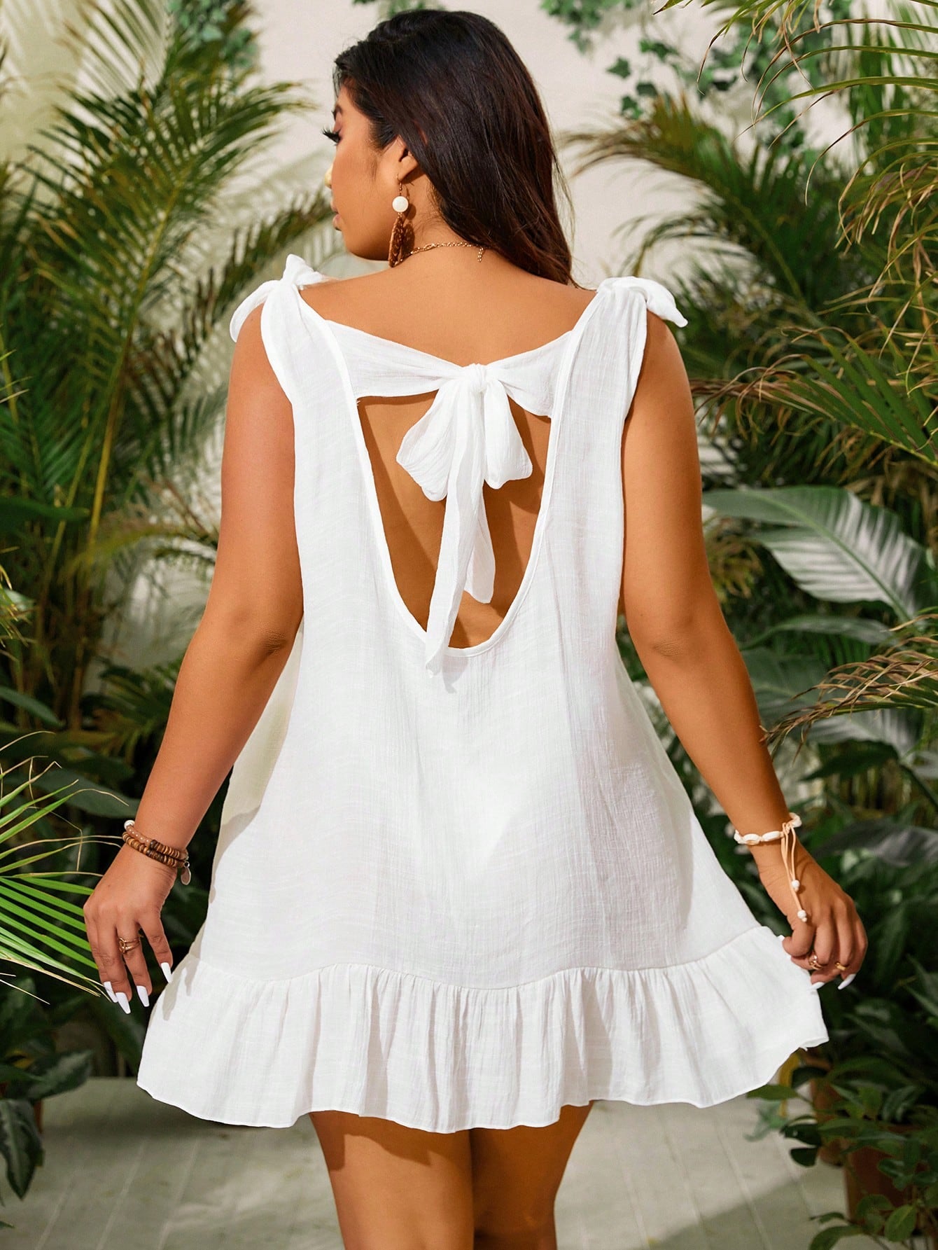 Slaydiva Plus Size Women Vacation Shoulder Tied Lace Crochet Cover-Up Dress For Summer