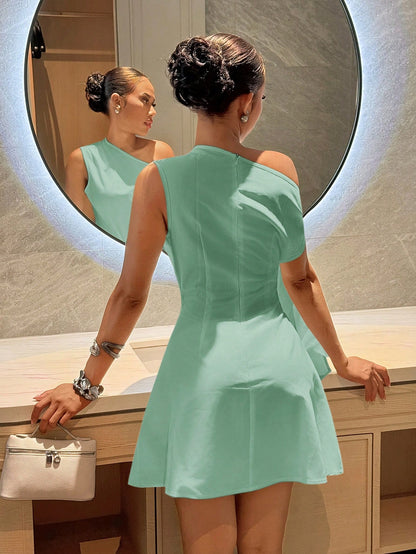 Slaydiva Women Elegant Sage Green Summer Holiday Mini Dress,One-Shoulder Tie-Waist A-Line Night Out Fitted Dress For Vacation,Travel,Wedding Guest & Beach Wear