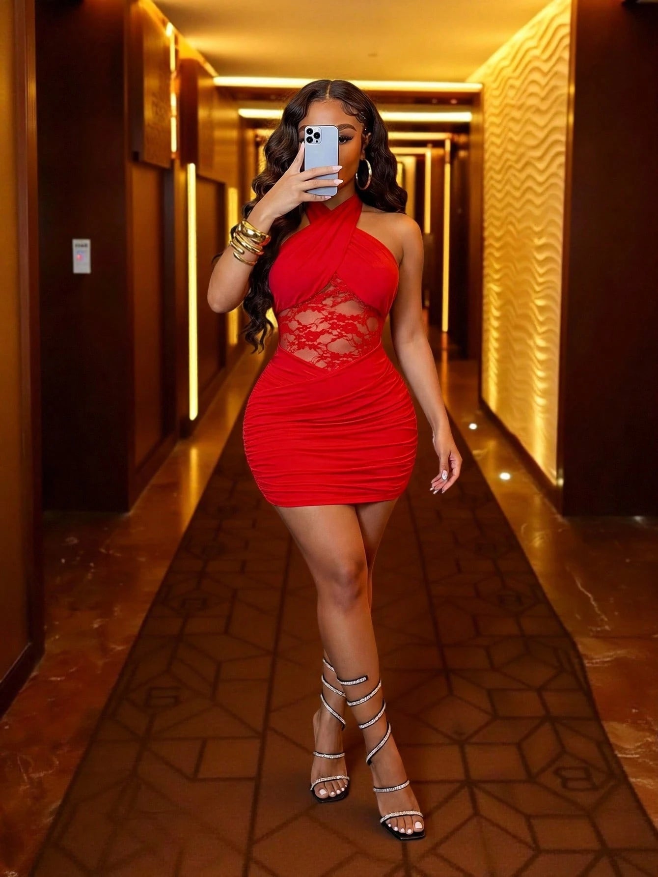 Slaydiva Women Red Elegant Summer Mini Dress, Club Night Party Christmas Lace Splicing Gathered Cross Tie Neck Slim Fit Halter Dress For Wedding Guest