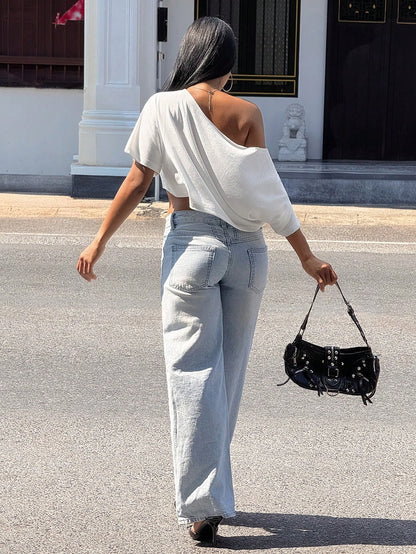 Slaydiva Women's Casual Street Wear Loose Drop Shoulder Gathered Waist T-Shirt, All White,Summer Top Everyday Daytime