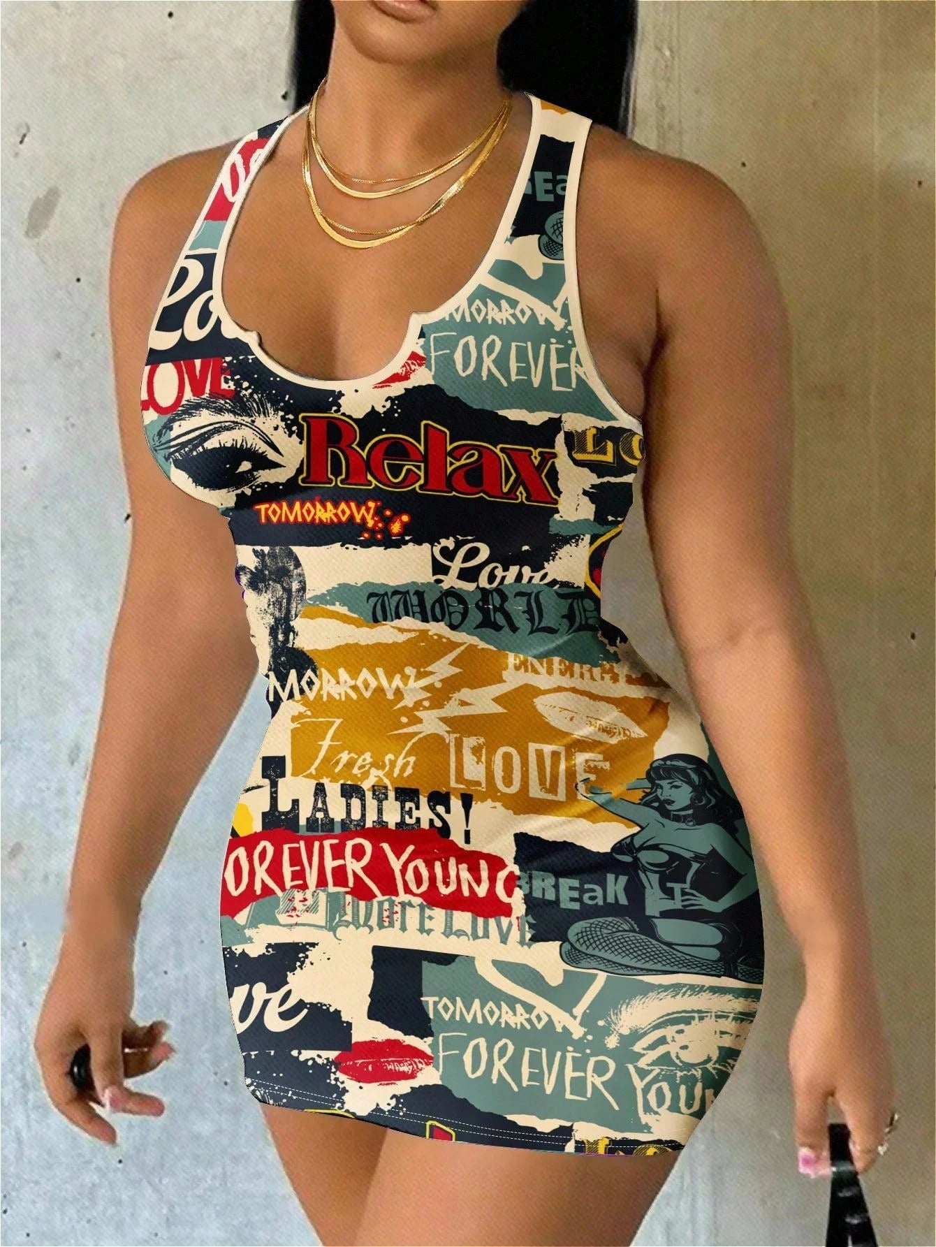 Slaydiva Women's Fashionable All-Over Print Sleeveless Bodycon Mini Dress, Summer Chic Dress Rave Club Beige Sexy