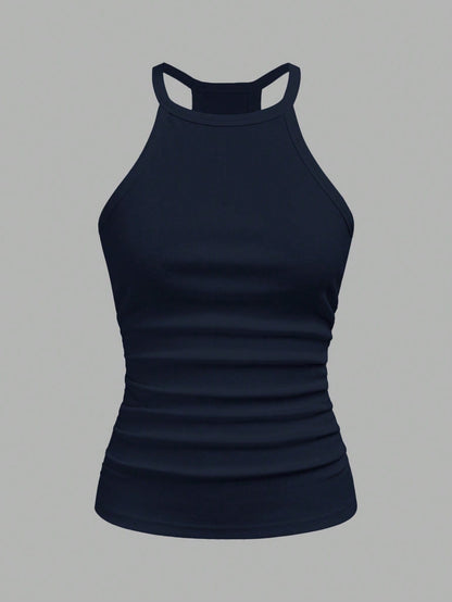 Slaydiva Women's Navy Blue Summer Chic Elegant Vacation Ribbed Crew Neck Racer Back Tank Top Solid Off-Shoulder Casual Basic Versatile Boho Night Out Everyday