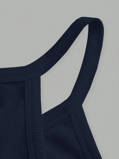 Slaydiva Women's Navy Blue Summer Chic Elegant Vacation Ribbed Crew Neck Racer Back Tank Top Solid Off-Shoulder Casual Basic Versatile Boho Night Out Everyday