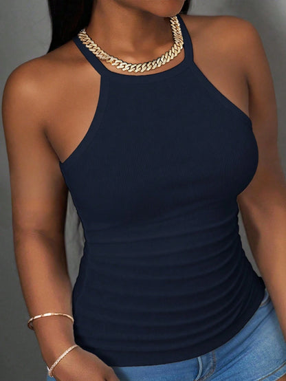 Slaydiva Women's Navy Blue Summer Chic Elegant Vacation Ribbed Crew Neck Racer Back Tank Top Solid Off-Shoulder Casual Basic Versatile Boho Night Out Everyday