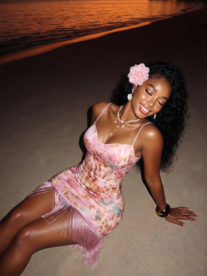 Slaydiva Women's Y2K Mini Dress,Pink And Brown Summer 70s Night Out Party,Strap-Top Bra-Style Design With Fringed Hem,Pink Gradient Dyeing Sequined Print